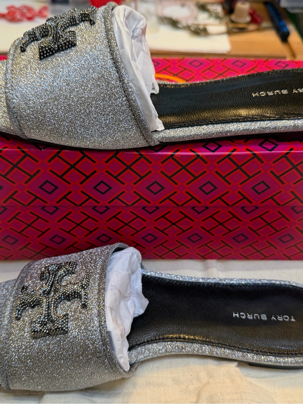 Tory Burch Silver Glitter Double-T Crystal Eleanor Slide Sandals - Picture 9 of 12